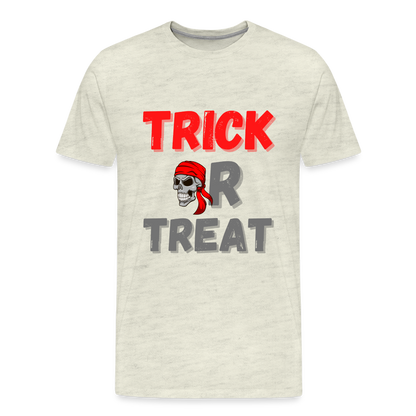 Trick or treat, halloween, horror, cute, october, pumpkin, scary, spooky, funny, cat, creepy, fall, ghost, halloween party, witch, autumn, candy, kawaii, jack o lantern, skeleton, trick or treating, Men's Premium T-Shirt - heather oatmeal