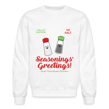 Seasonings Greetings Sweater, Salt Pepper Shaker Sweater, Funny Happy New Year Christmas Holiday Sweater, Foodie Chef Cook Food Gift Idea Crew neck Sweatshirt - white