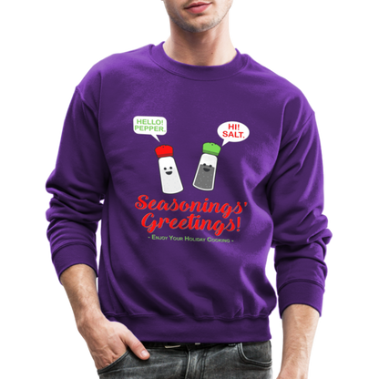 Seasonings Greetings Sweater, Salt Pepper Shaker Sweater, Funny Happy New Year Christmas Holiday Sweater, Foodie Chef Cook Food Gift Idea Crew neck Sweatshirt - purple