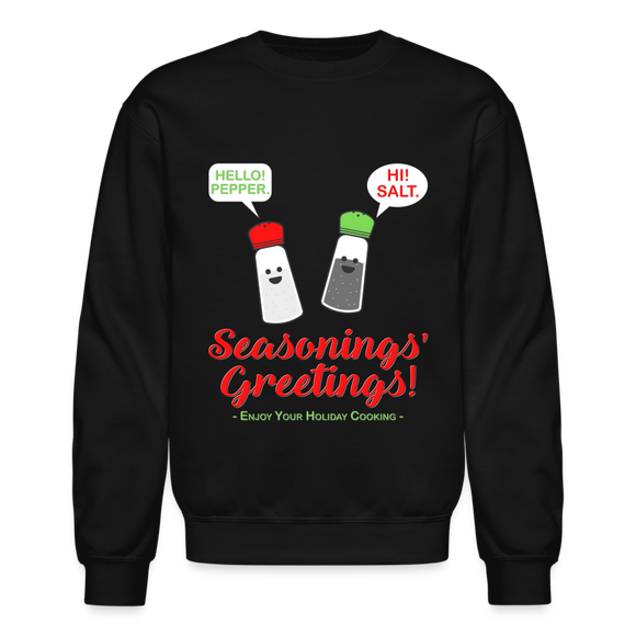 Seasonings Greetings Sweater, Salt Pepper Shaker Sweater, Funny Happy New Year Christmas Holiday Sweater, Foodie Chef Cook Food Gift Idea Crew neck Sweatshirt - black