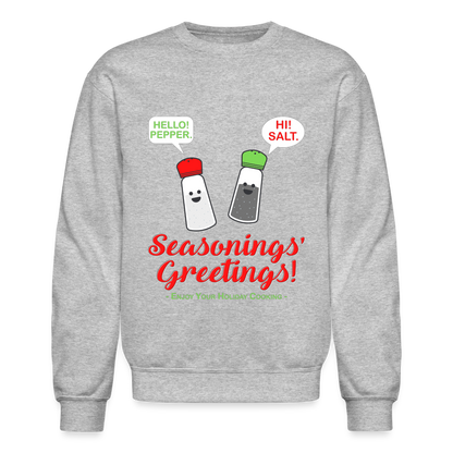 Seasonings Greetings Sweater, Salt Pepper Shaker Sweater, Funny Happy New Year Christmas Holiday Sweater, Foodie Chef Cook Food Gift Idea Crew neck Sweatshirt - heather gray