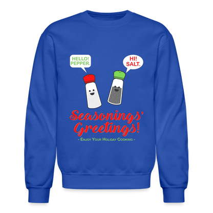 Seasonings Greetings Sweater, Salt Pepper Shaker Sweater, Funny Happy New Year Christmas Holiday Sweater, Foodie Chef Cook Food Gift Idea Crew neck Sweatshirt - royal blue