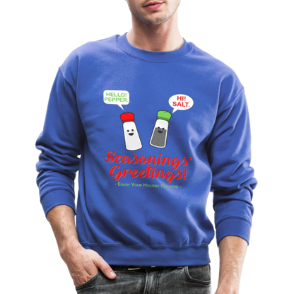 Seasonings Greetings Sweater, Salt Pepper Shaker Sweater, Funny Happy New Year Christmas Holiday Sweater, Foodie Chef Cook Food Gift Idea Crew neck Sweatshirt - royal blue