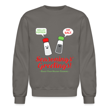 Seasonings Greetings Sweater, Salt Pepper Shaker Sweater, Funny Happy New Year Christmas Holiday Sweater, Foodie Chef Cook Food Gift Idea Crew neck Sweatshirt - asphalt gray