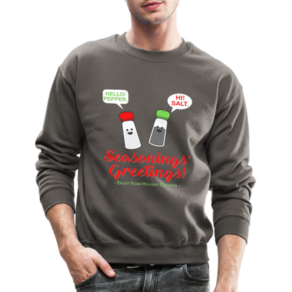 Seasonings Greetings Sweater, Salt Pepper Shaker Sweater, Funny Happy New Year Christmas Holiday Sweater, Foodie Chef Cook Food Gift Idea Crew neck Sweatshirt - asphalt gray