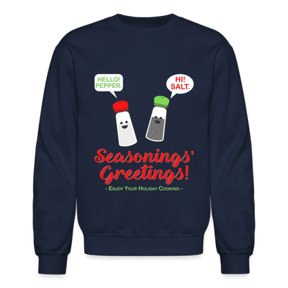 Seasonings Greetings Sweater, Salt Pepper Shaker Sweater, Funny Happy New Year Christmas Holiday Sweater, Foodie Chef Cook Food Gift Idea Crew neck Sweatshirt - navy