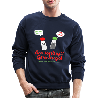 Seasonings Greetings Sweater, Salt Pepper Shaker Sweater, Funny Happy New Year Christmas Holiday Sweater, Foodie Chef Cook Food Gift Idea Crew neck Sweatshirt - navy