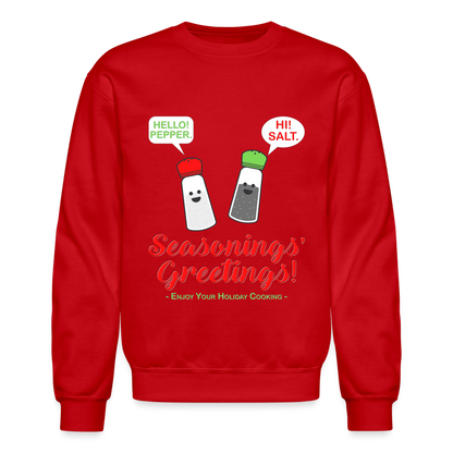 Seasonings Greetings Sweater, Salt Pepper Shaker Sweater, Funny Happy New Year Christmas Holiday Sweater, Foodie Chef Cook Food Gift Idea Crew neck Sweatshirt - red