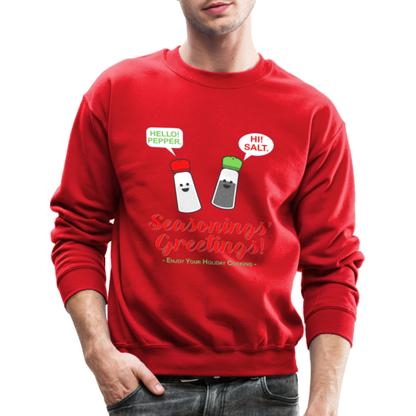 Seasonings Greetings Sweater, Salt Pepper Shaker Sweater, Funny Happy New Year Christmas Holiday Sweater, Foodie Chef Cook Food Gift Idea Crew neck Sweatshirt - red