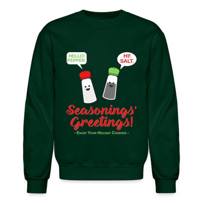 Seasonings Greetings Sweater, Salt Pepper Shaker Sweater, Funny Happy New Year Christmas Holiday Sweater, Foodie Chef Cook Food Gift Idea Crew neck Sweatshirt - forest green