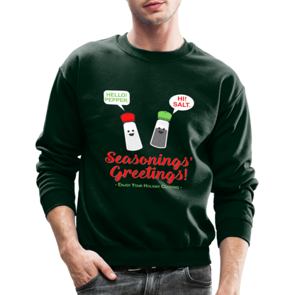 Seasonings Greetings Sweater, Salt Pepper Shaker Sweater, Funny Happy New Year Christmas Holiday Sweater, Foodie Chef Cook Food Gift Idea Crew neck Sweatshirt - forest green