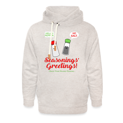 Seasonings Greetings Hoodie, Salt Pepper Shaker Hoodie, Funny Happy New Year Christmas Holiday Hoodie, Foodie Chef Cook Food Gift Idea Shawl Collar Hoodie - heather oatmeal