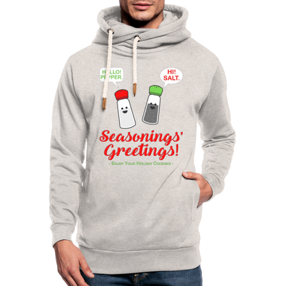 Seasonings Greetings Hoodie, Salt Pepper Shaker Hoodie, Funny Happy New Year Christmas Holiday Hoodie, Foodie Chef Cook Food Gift Idea Shawl Collar Hoodie - heather oatmeal