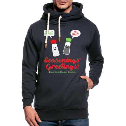 Seasonings Greetings Hoodie, Salt Pepper Shaker Hoodie, Funny Happy New Year Christmas Holiday Hoodie, Foodie Chef Cook Food Gift Idea Shawl Collar Hoodie - navy