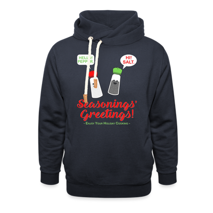 Seasonings Greetings Hoodie, Salt Pepper Shaker Hoodie, Funny Happy New Year Christmas Holiday Hoodie, Foodie Chef Cook Food Gift Idea Shawl Collar Hoodie - navy