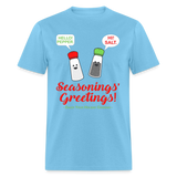 Holiday Shirt, Seasonings Greetings Shirt, Salt Pepper Shaker Shirt, Happy New Year Christmas Holiday Shirt, Foodie Gift Idea, Unisex Classic T-Shirt - aquatic blue