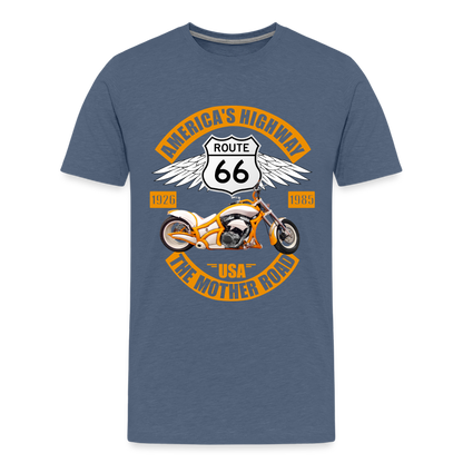 Route 66 Shirt, America's Road, Fathers Day Gift, Mother Road, Route 66 T-Shirt, Road Trip Shirt, Route 66 USA Motorcycle Biker Souvenir Tee - heather blue