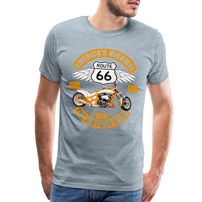 Route 66 Shirt, America's Road, Fathers Day Gift, Mother Road, Route 66 T-Shirt, Road Trip Shirt, Route 66 USA Motorcycle Biker Souvenir Tee - heather ice blue