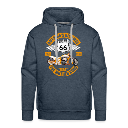 Route 66 Hoodie, Americas Road, Fathers Day Gift, Mother Road, Route 66 Hoodie, Road Trip Hoodie, Route 66 Usa Motorcycle Biker Souvenir Men’s Premium Hoodie - heather denim