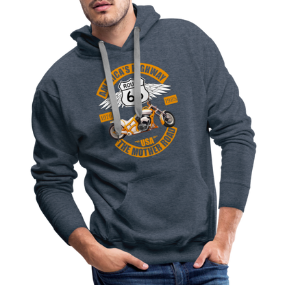Route 66 Hoodie, Americas Road, Fathers Day Gift, Mother Road, Route 66 Hoodie, Road Trip Hoodie, Route 66 Usa Motorcycle Biker Souvenir Men’s Premium Hoodie - heather denim