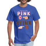 Adult Humor Shirt, The shocker symbol t-shirt. Inappropriate adult sexual humor. 2 in the pink 1 in the stink butt play anal joke, Two, One - royal blue