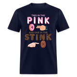 Adult Humor Shirt, The shocker symbol t-shirt. Inappropriate adult sexual humor. 2 in the pink 1 in the stink butt play anal joke, Two, One - navy