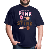 Adult Humor Shirt, The shocker symbol t-shirt. Inappropriate adult sexual humor. 2 in the pink 1 in the stink butt play anal joke, Two, One - navy