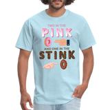 Adult Humor Shirt, The shocker symbol t-shirt. Inappropriate adult sexual humor. 2 in the pink 1 in the stink butt play anal joke, Two, One - powder blue