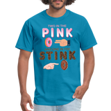 Adult Humor Shirt, The shocker symbol t-shirt. Inappropriate adult sexual humor. 2 in the pink 1 in the stink butt play anal joke, Two, One - turquoise