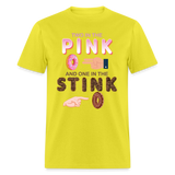 Adult Humor Shirt, The shocker symbol t-shirt. Inappropriate adult sexual humor. 2 in the pink 1 in the stink butt play anal joke, Two, One - yellow